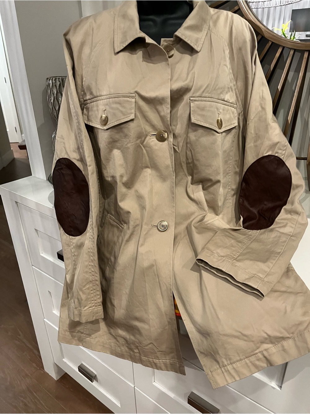Liz Claiborne Beige Chore Coat with Brown Elbow Patches
